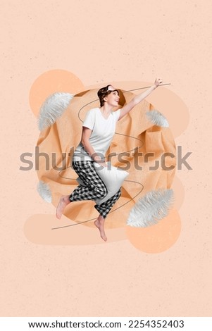 Photo creative collage picture artwork of funky joyful lady sitting soft comfy pillow fist fly ahead isolated on painting background