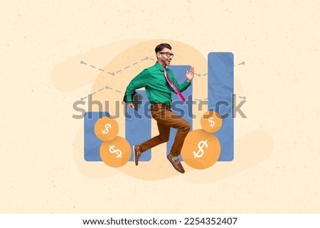 Magazine poster creative collage of excited motivated guy run with netbook increase capital budget money savings