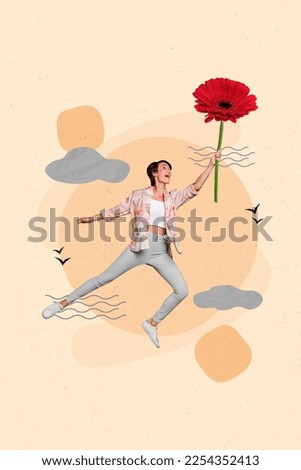 Magazine surreal creative poster collage of funky weird lady travel levitating red flower parasol on unusual fantasy