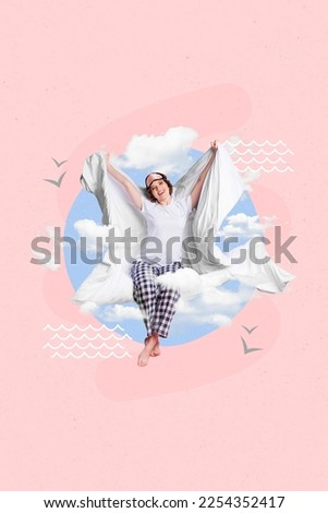 Photo cartoon picture 3d collage poster of pretty lady girl sit bed covered soft comfy blanket cozy bed sky isolated on painted background