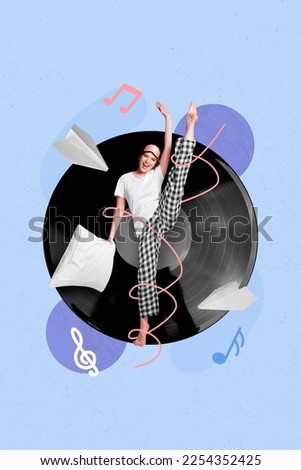 Creative collage picture photo poster of crazy happy lady chill time vibe recreation sing song late morning isolated on drawing background