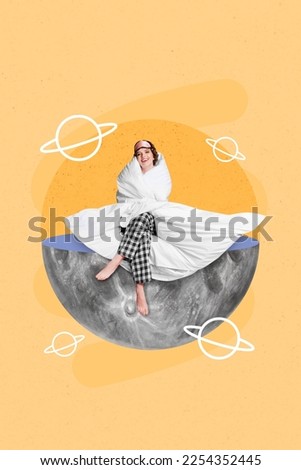 Creative collage picture photo poster postcard of beautiful lady sitting sphere want sleep enjoy comfort isolated on painting background