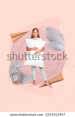 Creative 3d collage picture photo poster postcard of cute pretty happy lady going sleep bedtime isolated on painting background