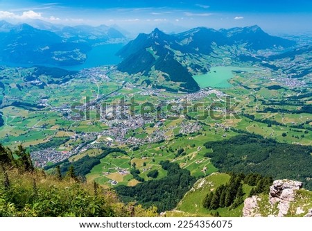 Switzerland 2022, Beautiful view of the Alps from Grosser Mythen. Schwyz and Rigi panorama. Royalty-Free Stock Photo #2254356075