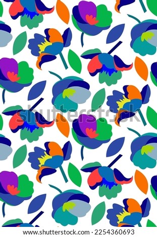 Abstract Hand Drawing Cute Poppy Flowers and Leaves Seamless Vector Pattern Isolated Background