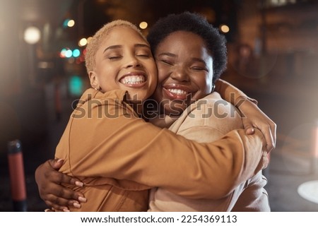 Women, bonding or hug in city night, party event or late social for birthday celebration, New Year or road festival. Smile, happy or friends embrace, support or trust on dark urban street in fashion
