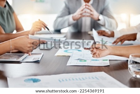 Business people hands, project management and planning of annual report chart, research data and budget in office. Conference, business meeting and strategy with collaboration, teamwork and logistics Royalty-Free Stock Photo #2254369191
