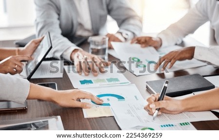 Business teamwork hands, paperwork and planning annual report data, research and budget in office. Company discussion with documents in strategy meeting, graphs analytics and financial stats progress Royalty-Free Stock Photo #2254369259