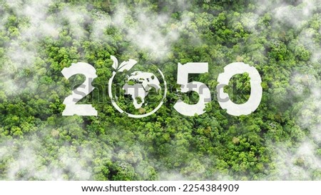 Net zero by 2050. Carbon neutral on Top view of nature. Net zero greenhouse gas emissions target. Climate neutral long term strategy. concept for Sustainable environment development goals Royalty-Free Stock Photo #2254384909