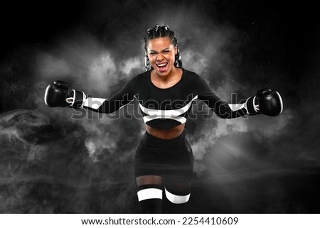 The boxer. Mixed martial arts fighter celebrating victory on black background with neon lights. Sports website header template. Copy space for boxing design. Download photo for sports betting design. Royalty-Free Stock Photo #2254410609