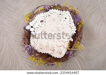 Twig nest, crochet filler and eggs Newborn Photography Digital Backdrop Royalty-Free Stock Photo #2254416407