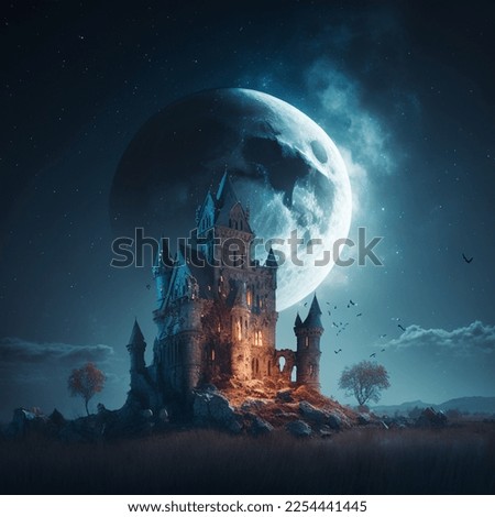 A starry sky with the moon over a spooky castle