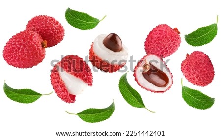flying fresh lychee with slices and green leaves isolated on white background. clipping path Royalty-Free Stock Photo #2254442401
