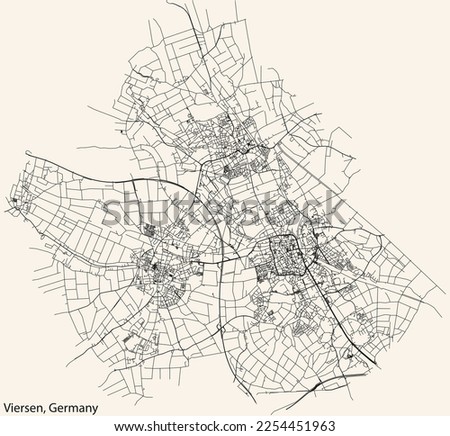 Detailed navigation black lines urban street roads map of the German town of VIERSEN, GERMANY on vintage beige background