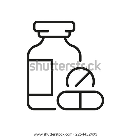 Medication Line Icon. Pill with Bottle Pictogram. Antibiotic, Painkiller, Vitamin Tablet Outline Icon. Pharmaceutical Medicament Sign. Pharmacy Symbol. Editable Stroke. Isolated Vector Illustration. Royalty-Free Stock Photo #2254452493