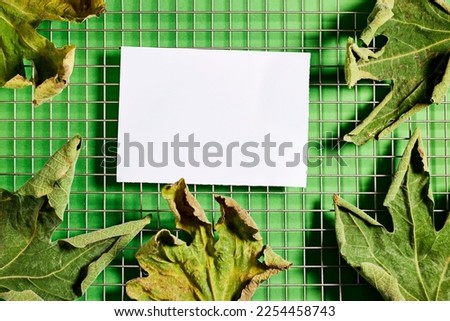 Summer wedding stationery mock-up scene. Blank greeting card  above fence background with maple leaves . Feminine flat lay