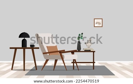 Illustration minimalist composition of elegant living room space with armchair, carpet, lamp and personal accessories. 