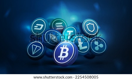 3D cryptocurrency coins in dark blue scene. Bitcoin, Litecoin, Ethereum, Tether, Trust, Ton and Solana Royalty-Free Stock Photo #2254508005