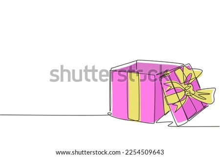 Single one line drawing open white gift box with ribbon and bow. Template design for surprise, celebration event, presents, birthday. Modern continuous line draw design graphic vector illustration
