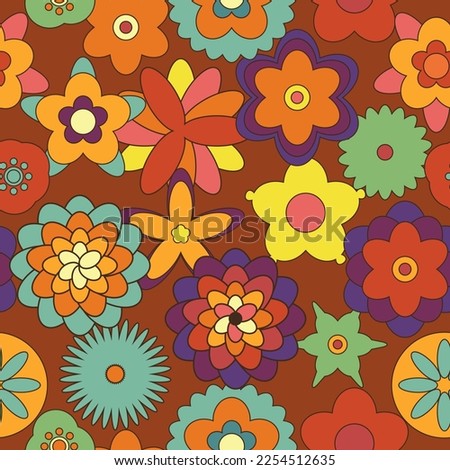 Seamless Pattern in Retro 1970 Peace Style. Floral Seventies Background. Groovy Flowers. Hand Drawn Vector Illustration. Trendy Texture Designed for fabric, textile, printing