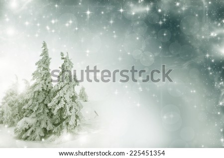 Christmas background with snowy fir trees and snowflakes