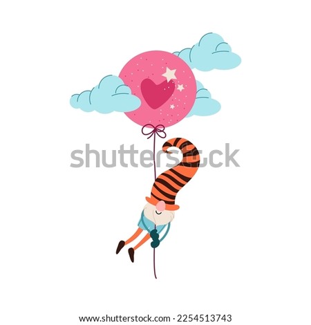 Valentines Day Gnome on balloon with heart. Perfect for sticker kit, scrapbooking, party invitation, gift tag. Editable stroke. Vector illustration.