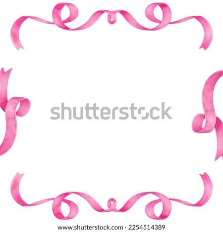 Watercolor hand-drawn frame banner with pink ribbons isolated on transparent background