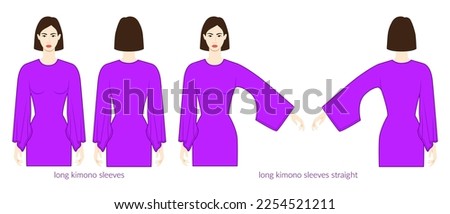 Kimono sleeves long length clothes character beautiful lady in magenta top, shirt, dress technical fashion illustration, fitted. Flat apparel template front, back sides. Women, men unisex CAD mockup