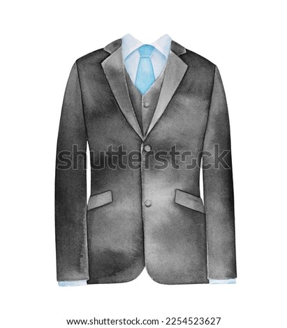 Watercolour illustration of beautiful man suit: black jacket, white shirt and light blue necktie. Hand painted water color graphic drawing on white background, isolated clip art element for design.