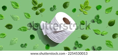 A roll of toilet paper with green leaves - flat lay Royalty-Free Stock Photo #2254530013