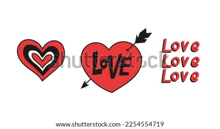 Love hearts doodle set in retro style. Cute hand drawn Valentine’s day red symbols mini collection with lettering. Isolated vector illustration