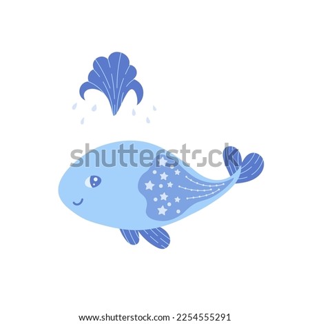 Cute whale with a fountain. Childish vector illustration with a big mammal fish in blue color, decorated with dots and stars