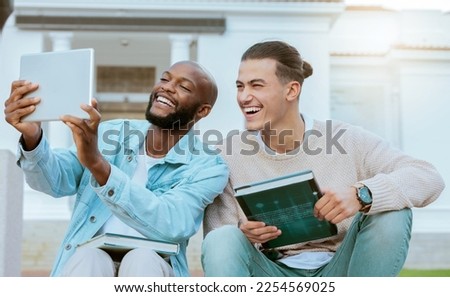 Students, men and tablet for selfie, outdoor and happiness with higher education, share photos and relax. Males, guys and academics on break, knowledge and college campus with device and technology