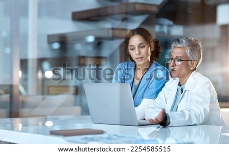 Team of doctors, healthcare and women with laptop, working together and digital hospital schedule or agenda. Technology, medical innovation and collaboration, partnership and cardiovascular surgeon