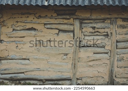 Close up old plastered log building concept photo. Wooden cabin in countryside. Front view photography with blurred background. High quality picture for wallpaper, travel blog, magazine, article