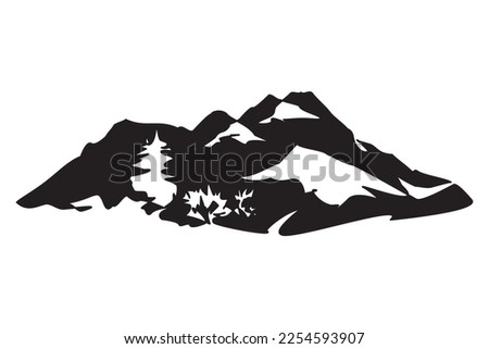 Winter landscape of fir trees in european mountains in firs snow. Vector illustration of snowy mountains and fir trees. Black and white silhouette winter travel for icons, logos, and symbol. 