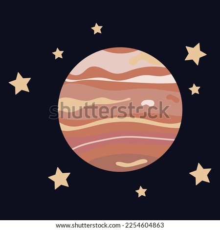 Flat illustration with planet Jupiter with stars on dark background