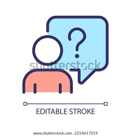 Asking question pixel perfect RGB color icon. Confused person with speech bubble. Information support service. Isolated vector illustration. Simple filled line drawing. Editable stroke