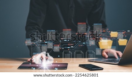 Database administrators backup company, customer data concept. Databases, computer, file, document, database, folder, cloud stored. Software engineering is restoring data to servers. black background Royalty-Free Stock Photo #2254625801