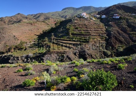 Green and volcanic landscape with terraced fields and palm trees near Alojera in the West of  La Gomera, Canary Islands, Spain. Picture taken from a hiking trail leading to Playa del Trigo