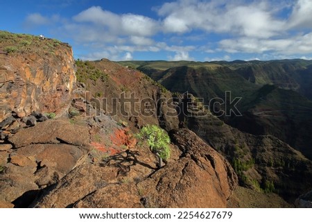 The impressive plunging cliffs of the Valle Gran Rey, La Gomera, Canary Islands, Spain. Picture taken from a panoramic hiking trail from Arure to La Merica and Valle Gran Rey