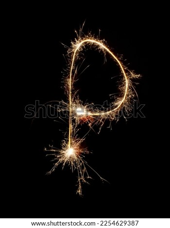 Sparkling burning creative letter P isolated on black background. Beautiful glowing golden overlay object for design holiday greeting card. Creative lettering P written with burning sparklers