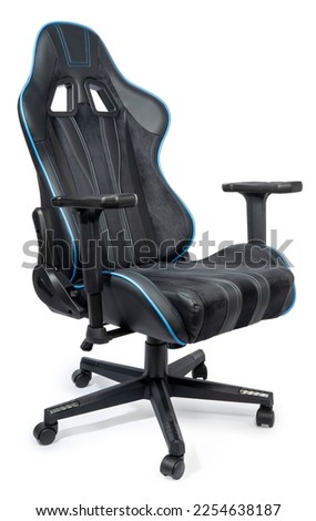 Black and blue leather gaming chair isolated on white background, Office chair with black and blue velvet fabric on white background With clipping path.