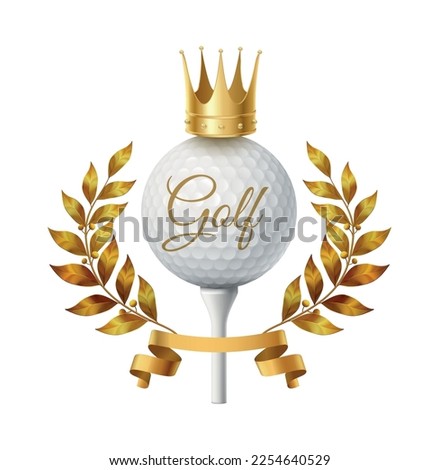 Golf composition with isolated golf club emblem with realistic ball and brassie images vector illustration Royalty-Free Stock Photo #2254640529