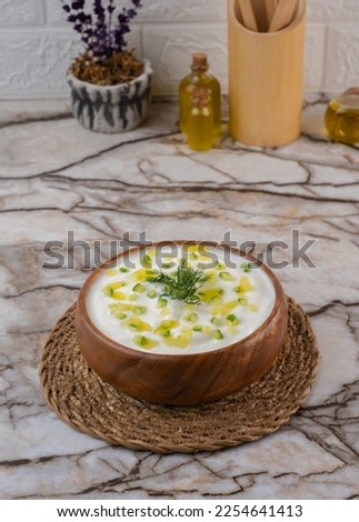 Tzatziki -Traditional Greek or Turkish Yogurt Sauce in A Bowl On Marble Background. Kitchen Concept Tzatziki on Marble Floor.  (Turkhis Name: Cacik, Greek Name: Caciki. )