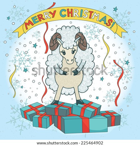 Happy new year 2015. Year of the Sheep. Christmas card. Vector clip art illustration.