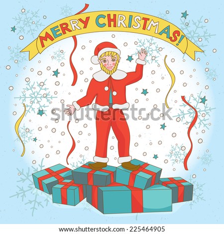 Christmas card. Cartoon Christmas elf or gnome character standing on boxes with gifts on retro background. Vector clip art illustration.