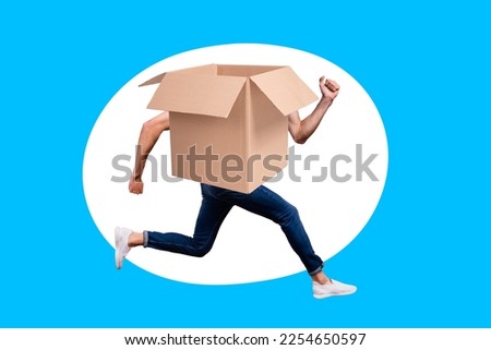 Creative photo 3d collage artwork poster picture of crazy man hurrying special offer buy cool product isolated on painting background Royalty-Free Stock Photo #2254650597