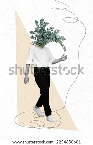 Photo sketch graphics collage artwork picture of anonymous guy walking plant instead of head isolated drawing background