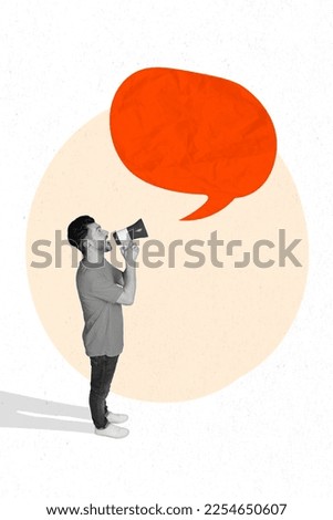 Artwork magazine collage picture of funny excited guy creaming bullhorn empty space isolated drawing background